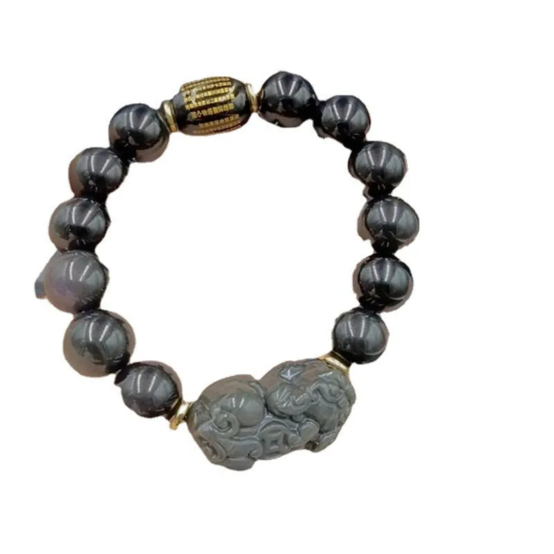 Natural ice obsidian bracelet with smooth polished beads and Heart Sutra engraving, 10mm size