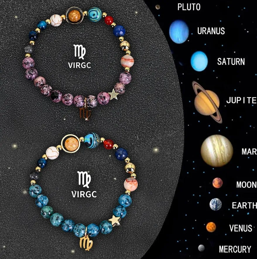 Two natural stone beaded bracelets with different zodiac sign designs laid flat.