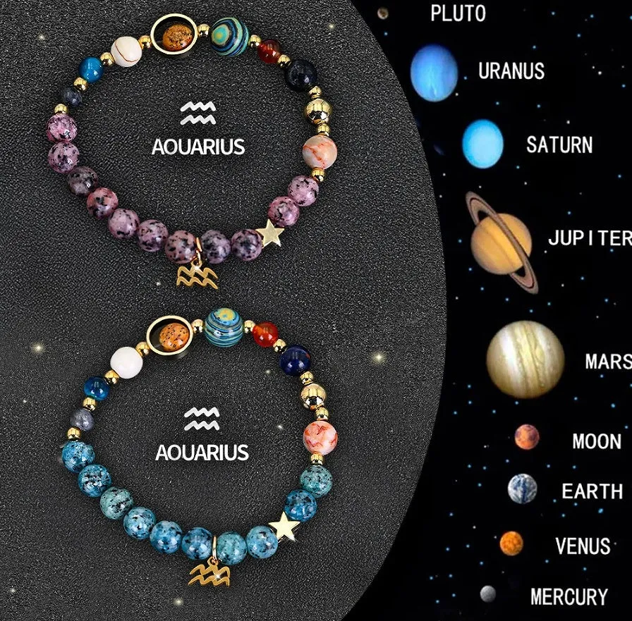 Two natural stone beaded bracelets with different zodiac sign designs laid flat.