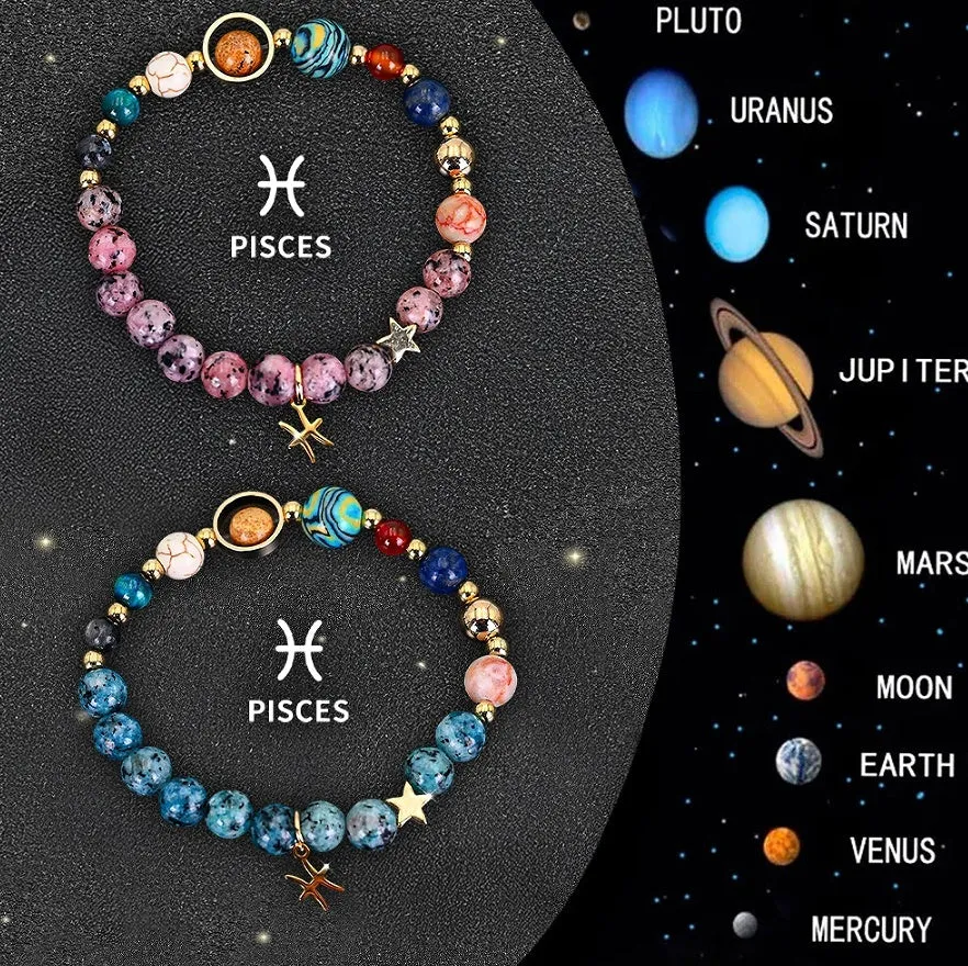 Two natural stone beaded bracelets with different zodiac sign designs laid flat.