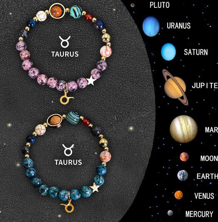 Two natural stone beaded bracelets with different zodiac sign designs laid flat.