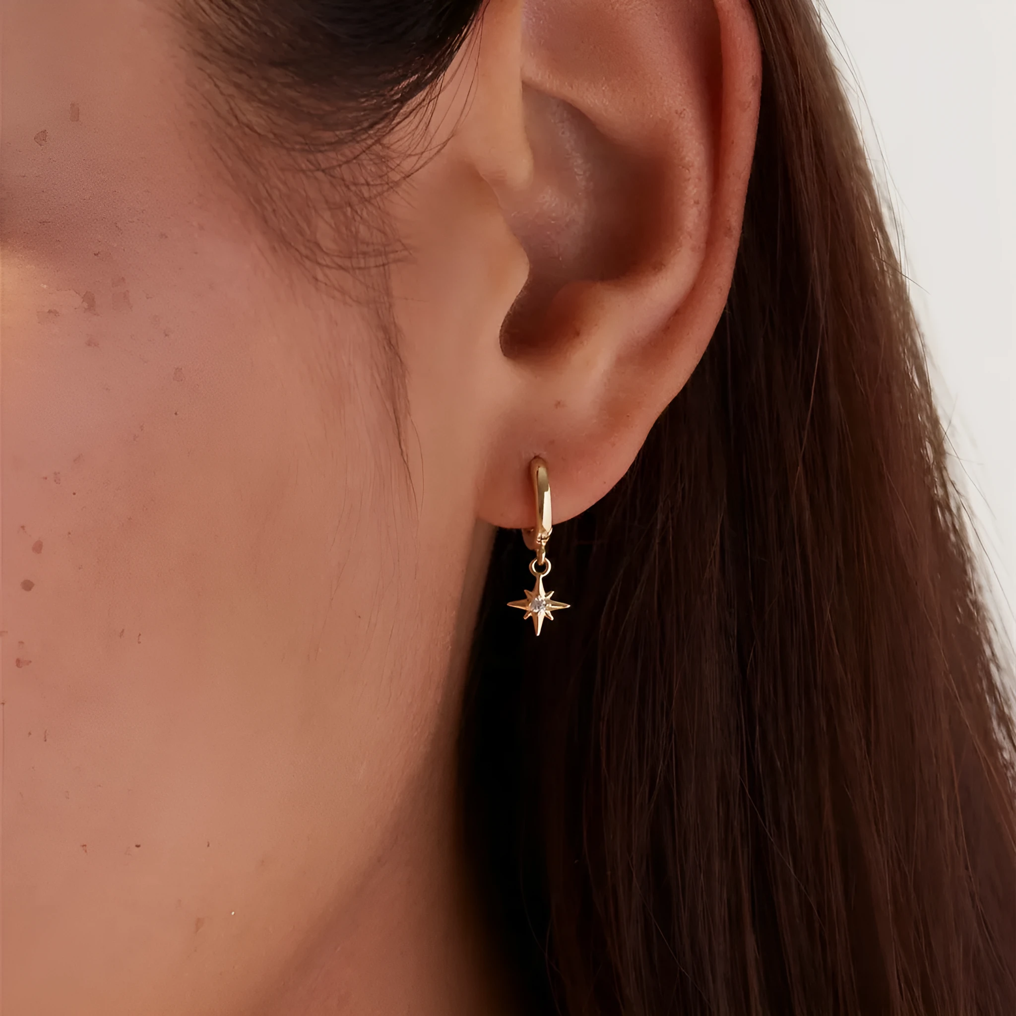 Eight awn star zircon earrings for women, copper with electroplated finish, 17.2mm length