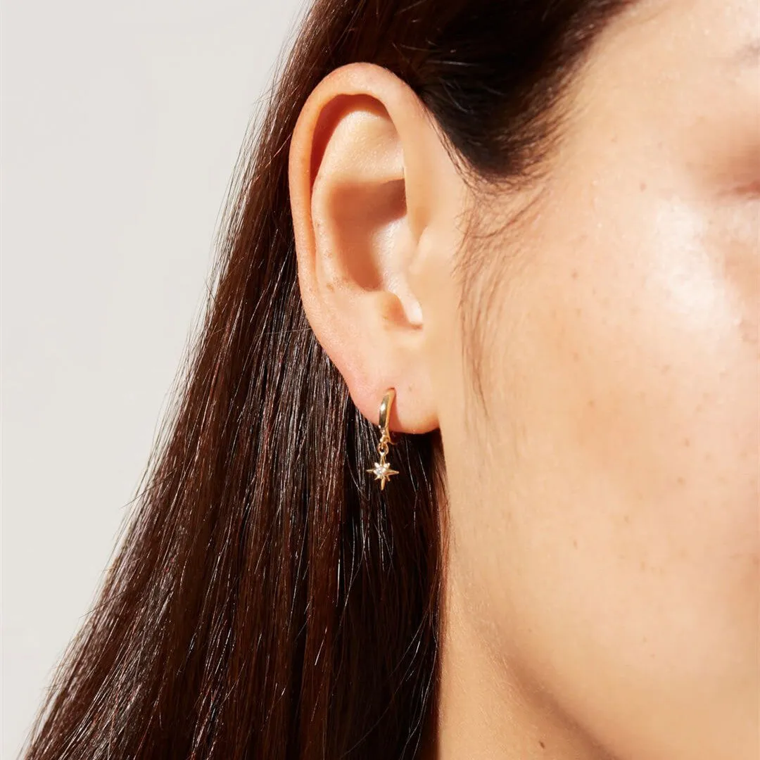 Eight awn star zircon earrings for women, copper with electroplated finish, 17.2mm length