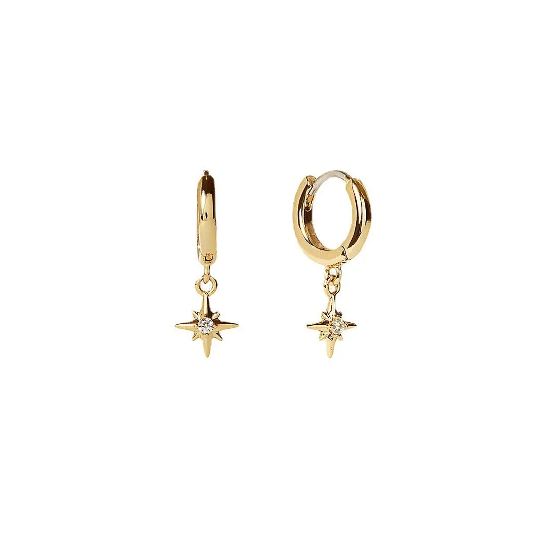 Eight awn star zircon earrings for women, copper with electroplated finish, 17.2mm length
