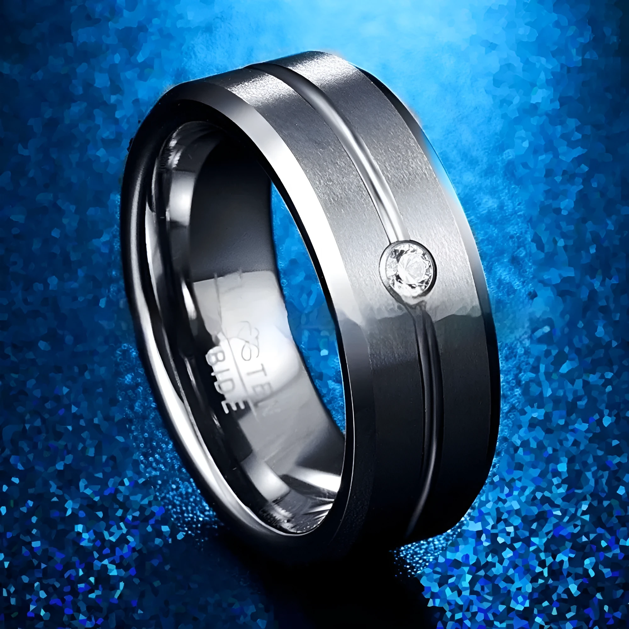 Men's tungsten steel ring with inlaid groove zircon, steel colour finish, U-shaped band on grey background