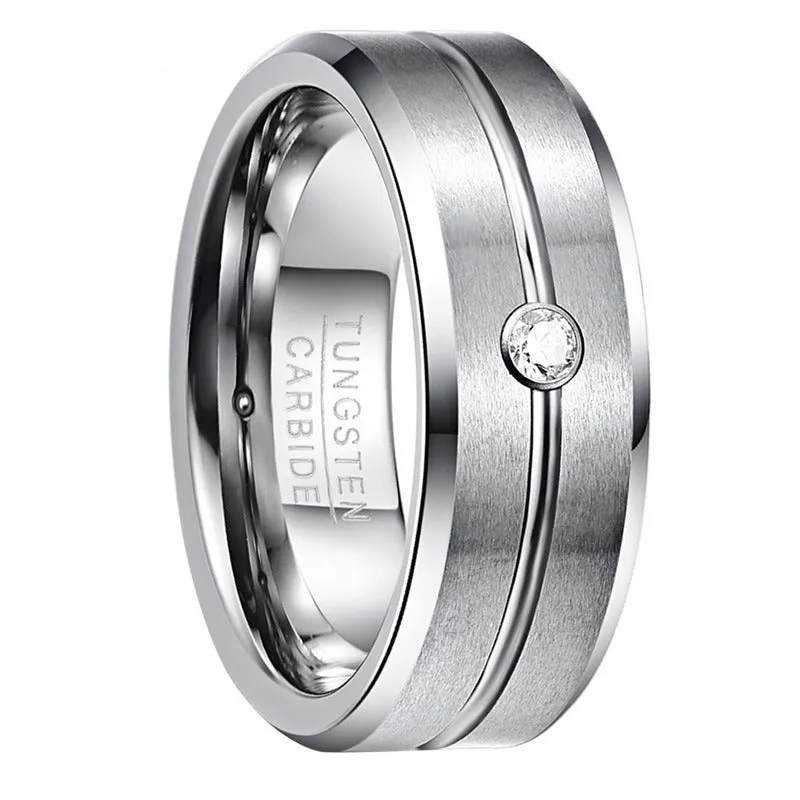 Men's tungsten steel ring with inlaid groove zircon, steel colour finish, U-shaped band on grey background