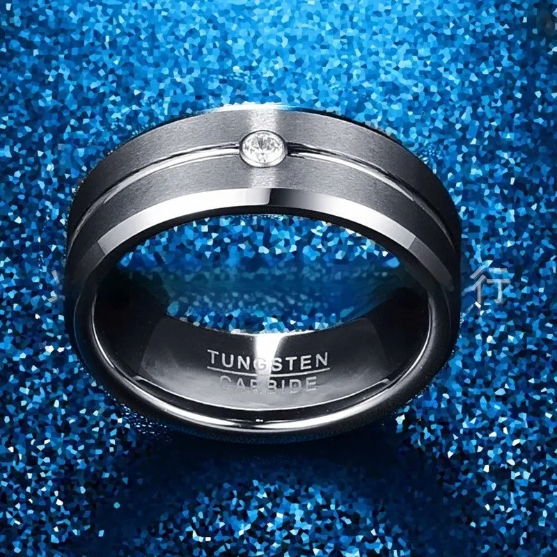 Men's tungsten steel ring with inlaid groove zircon, steel colour finish, U-shaped band on grey background
