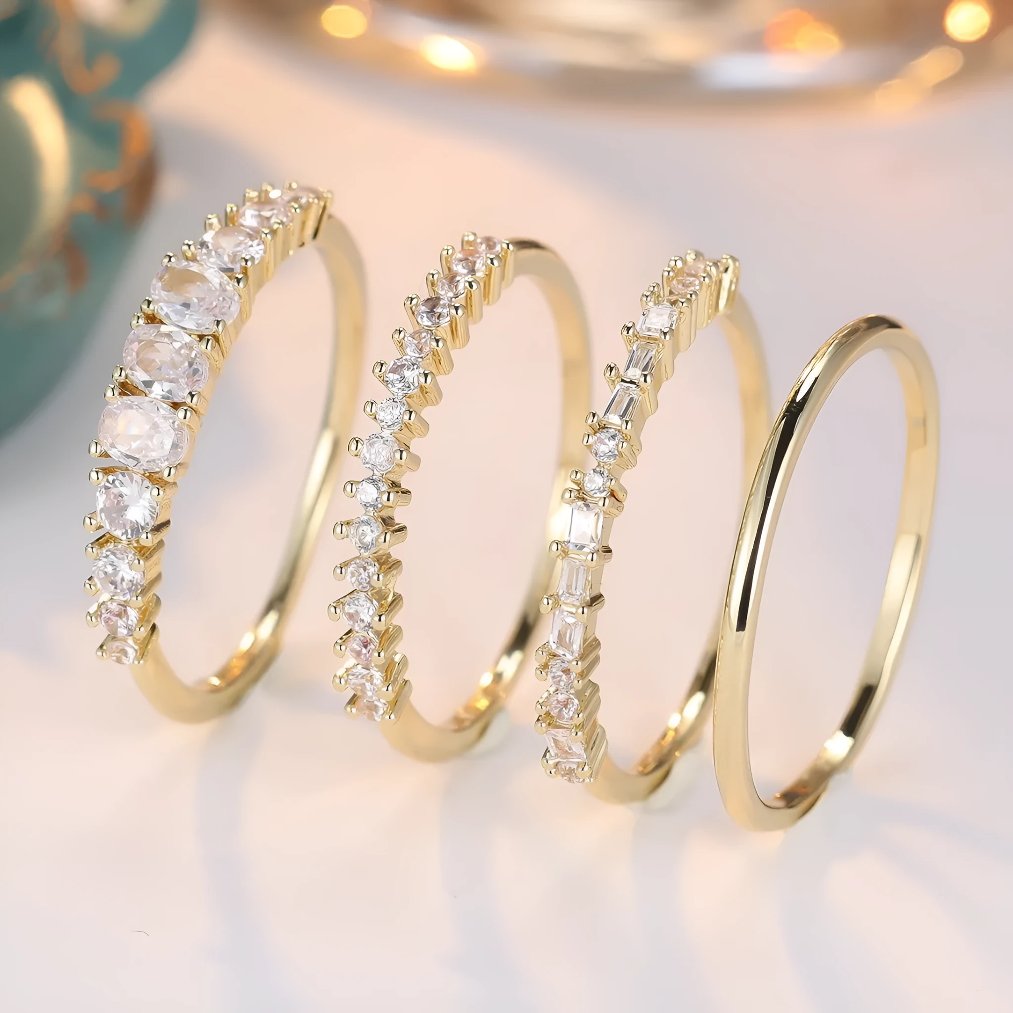 Round copper ring set with cubic zirconium electroplated finish in gold white diamond colour unisex style
