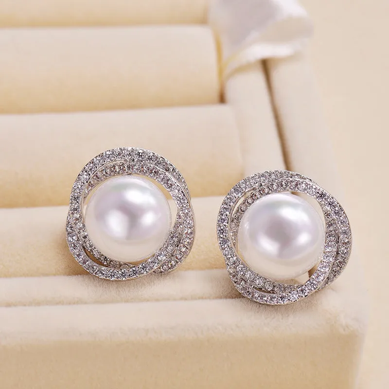 Diamond rose pearl stud earrings in white gold colour with rhinestone inlay on copper base