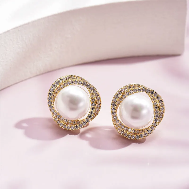 Diamond rose pearl stud earrings in white gold colour with rhinestone inlay on copper base