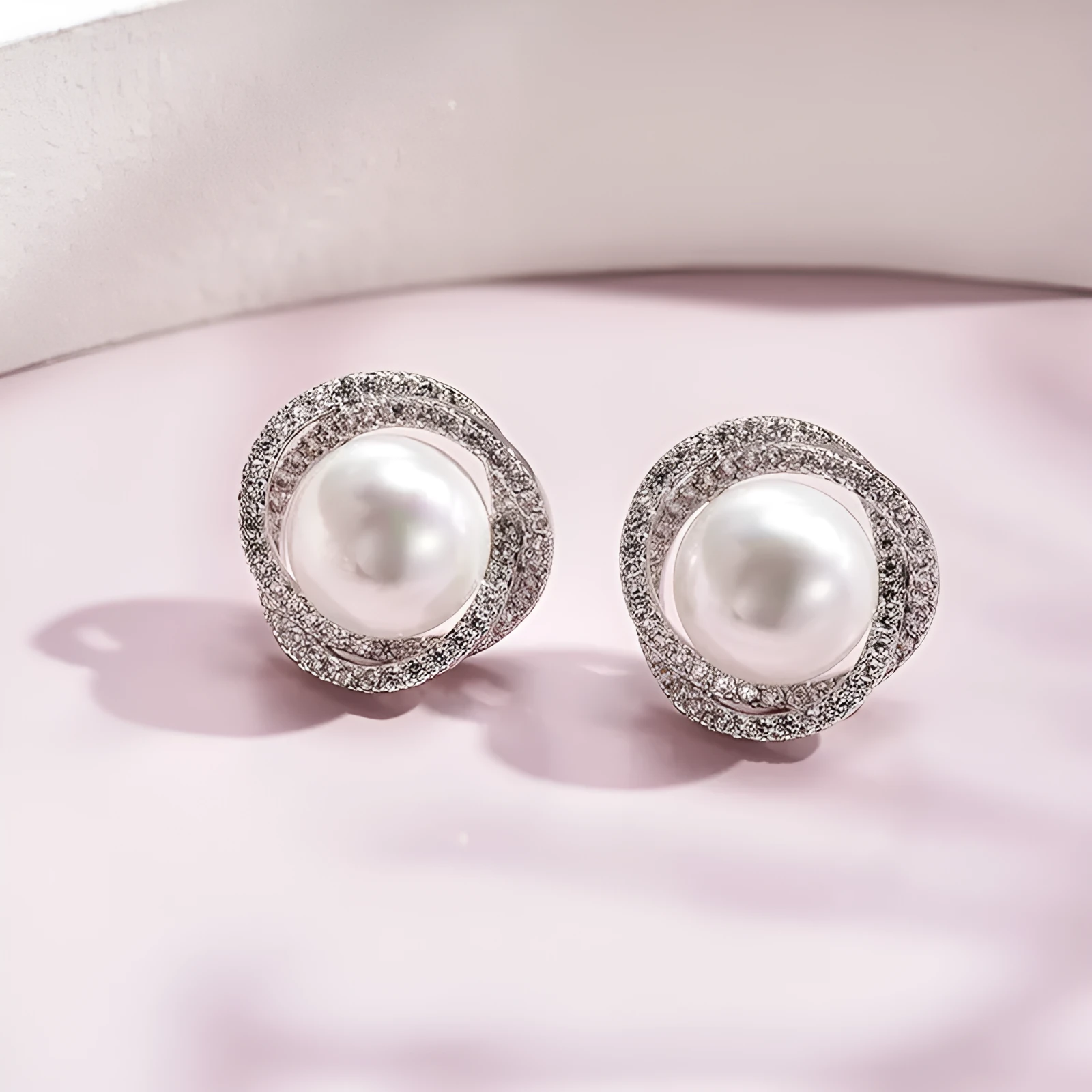 Diamond rose pearl stud earrings in white gold colour with rhinestone inlay on copper base