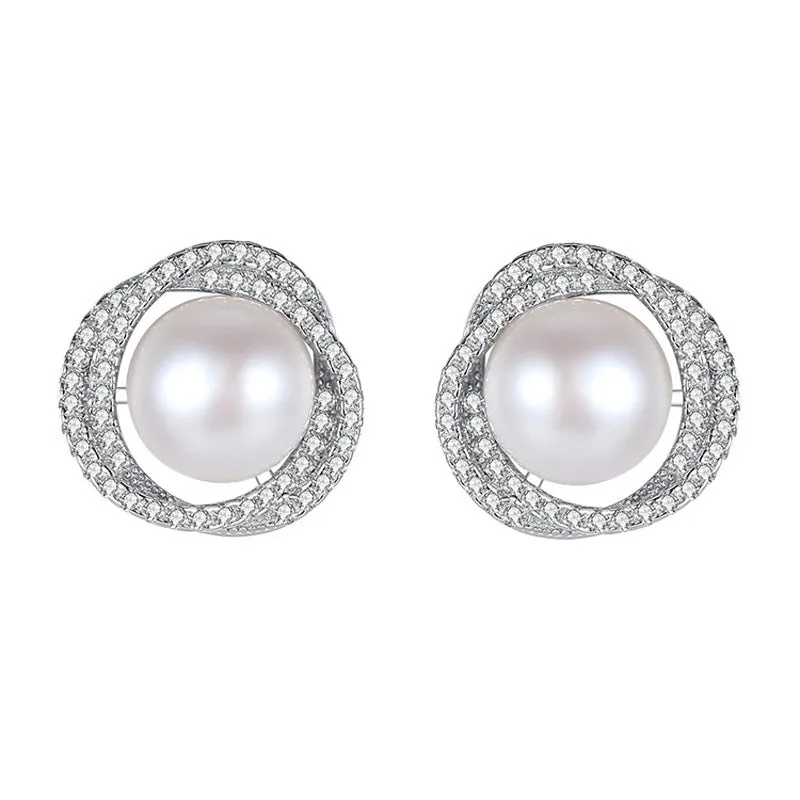 Diamond rose pearl stud earrings in white gold colour with rhinestone inlay on copper base