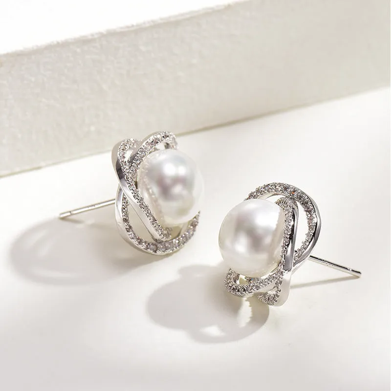 Diamond rose pearl stud earrings in white gold colour with rhinestone inlay on copper base
