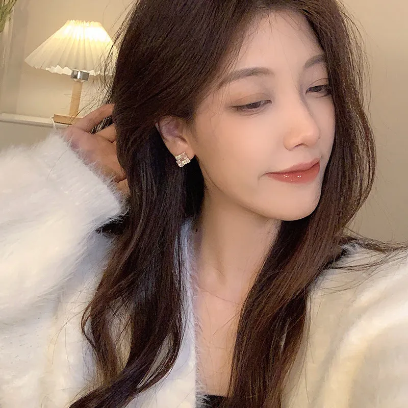 Light luxury geometric alloy earrings with 565 refined zircon, electroplated finish, for women, small exquisite cold style