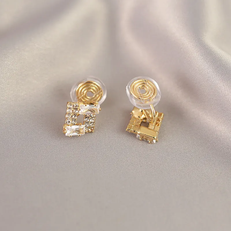 Light luxury geometric alloy earrings with 565 refined zircon, electroplated finish, for women, small exquisite cold style
