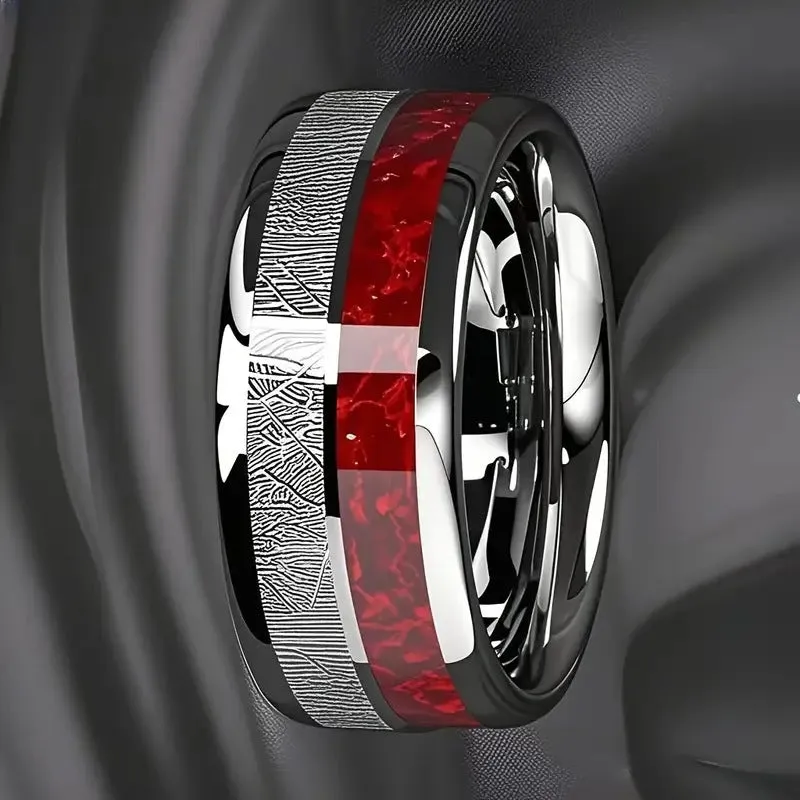 Two-tone silver red stainless steel ring with textured surface on white background