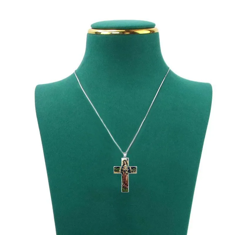 Silver alloy women's necklace with creative painted cross pendant on white background