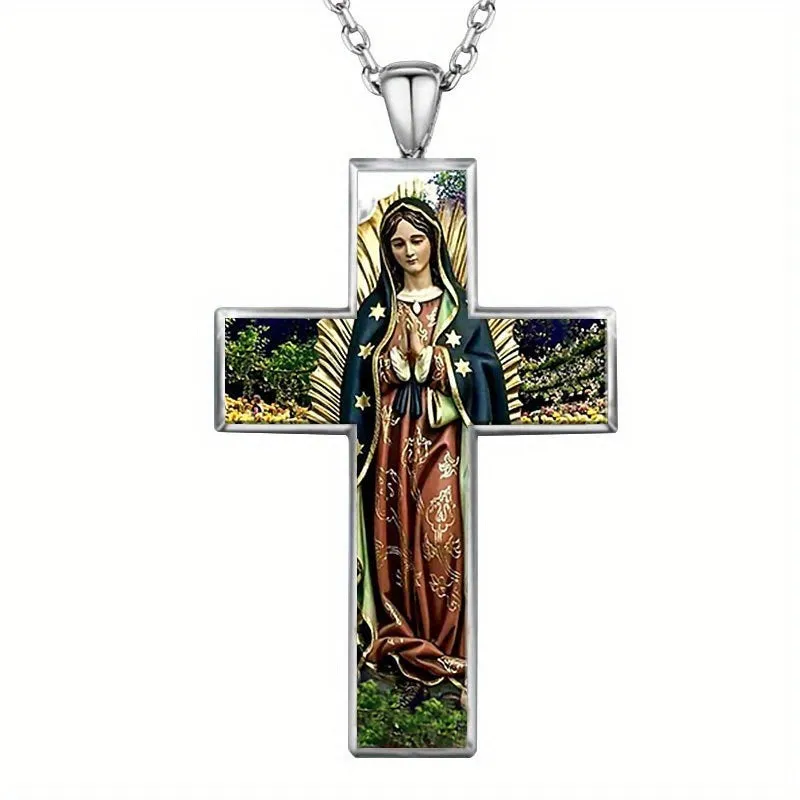 Silver alloy women's necklace with creative painted cross pendant on white background