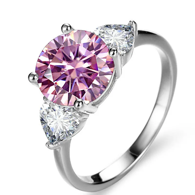 Sterling silver ring with 10mm round 3 karat moissanite stone in white colour on white background