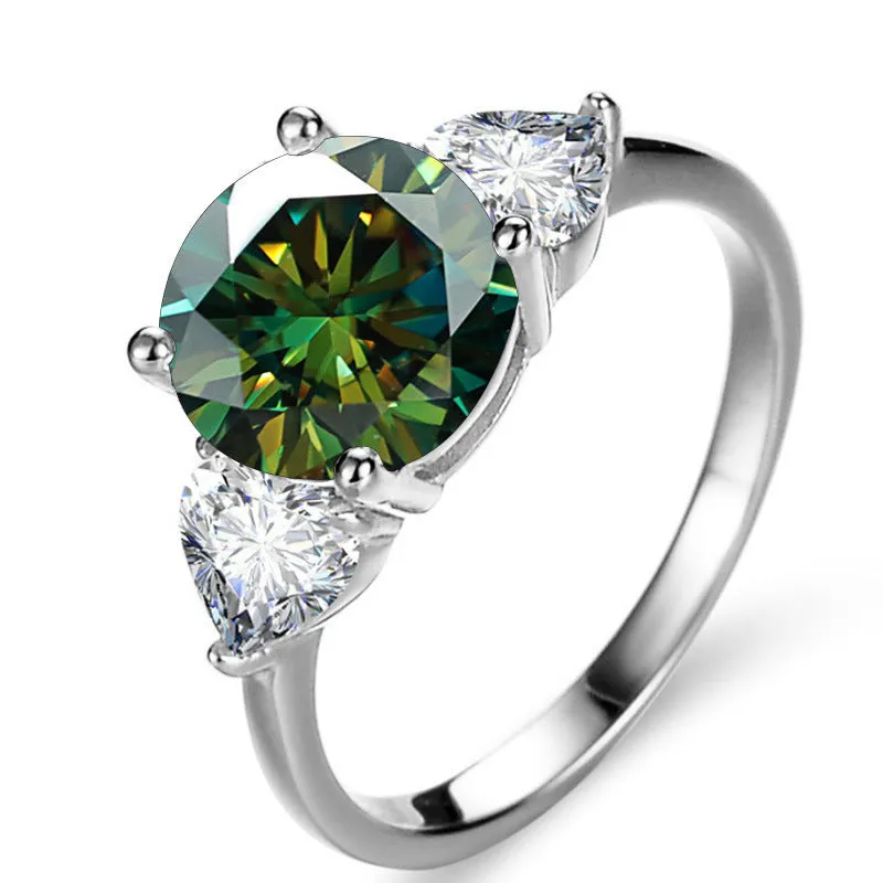 Sterling silver ring with 10mm round 3 karat moissanite stone in white colour on white background