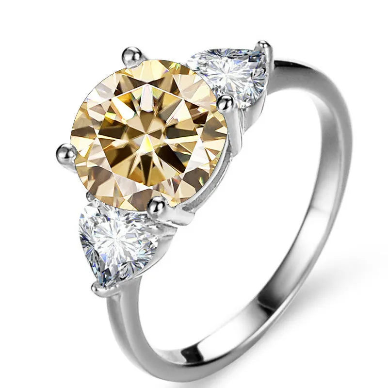 Sterling silver ring with 10mm round 3 karat moissanite stone in white colour on white background