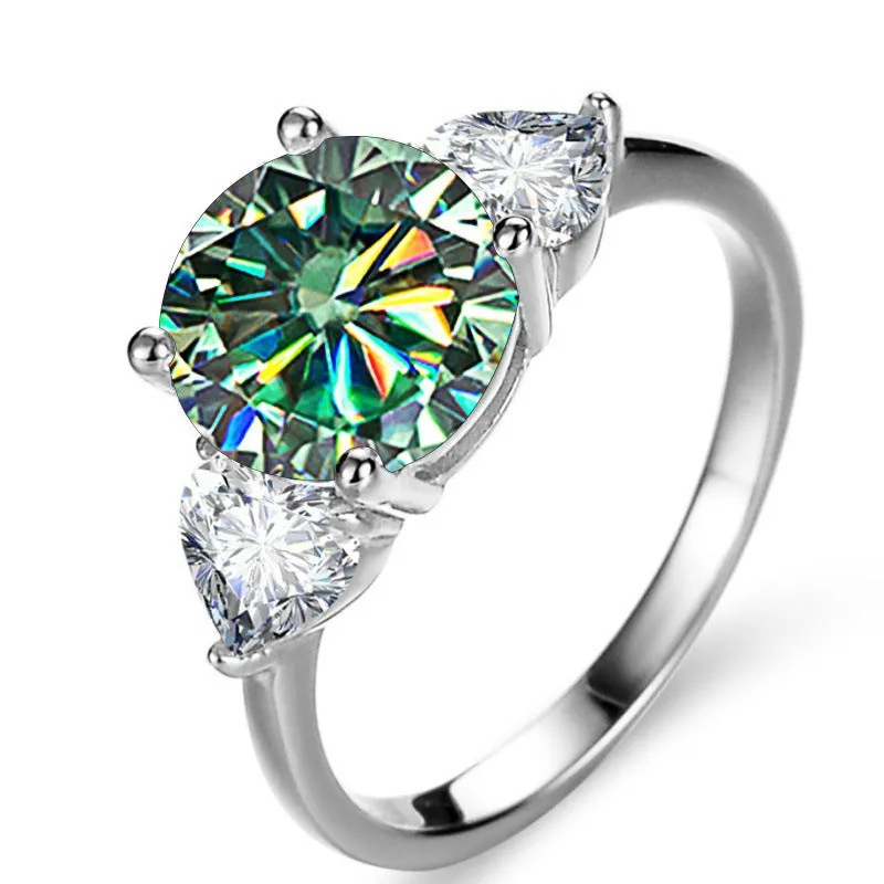 Sterling silver ring with 10mm round 3 karat moissanite stone in white colour on white background