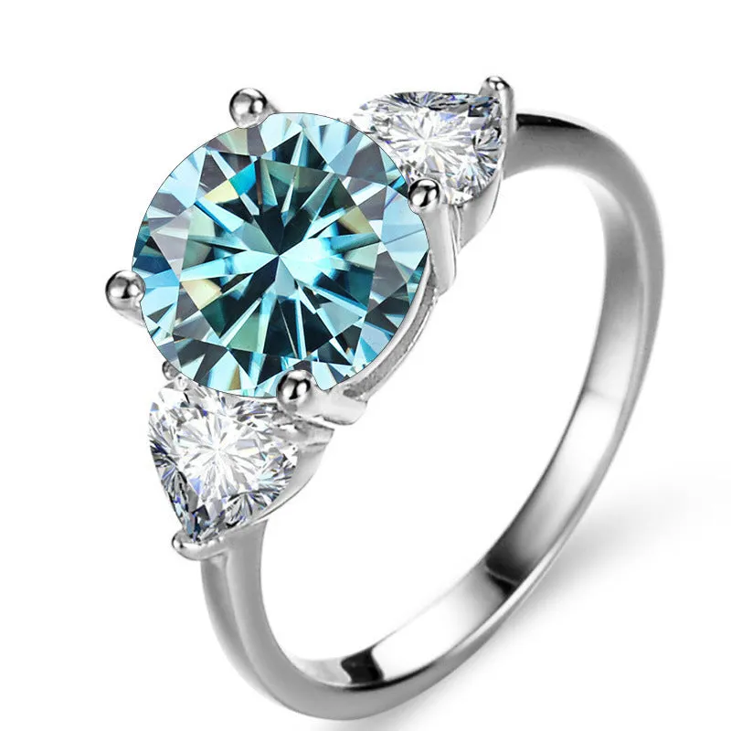 Sterling silver ring with 10mm round 3 karat moissanite stone in white colour on white background