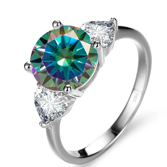 Sterling silver ring with 10mm round 3 karat moissanite stone in white colour on white background