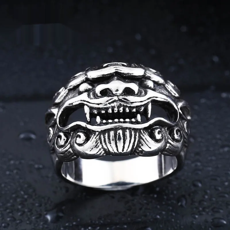 Men's titanium steel ring with vintage kirin design, polished silver finish, wide 23.5mm band