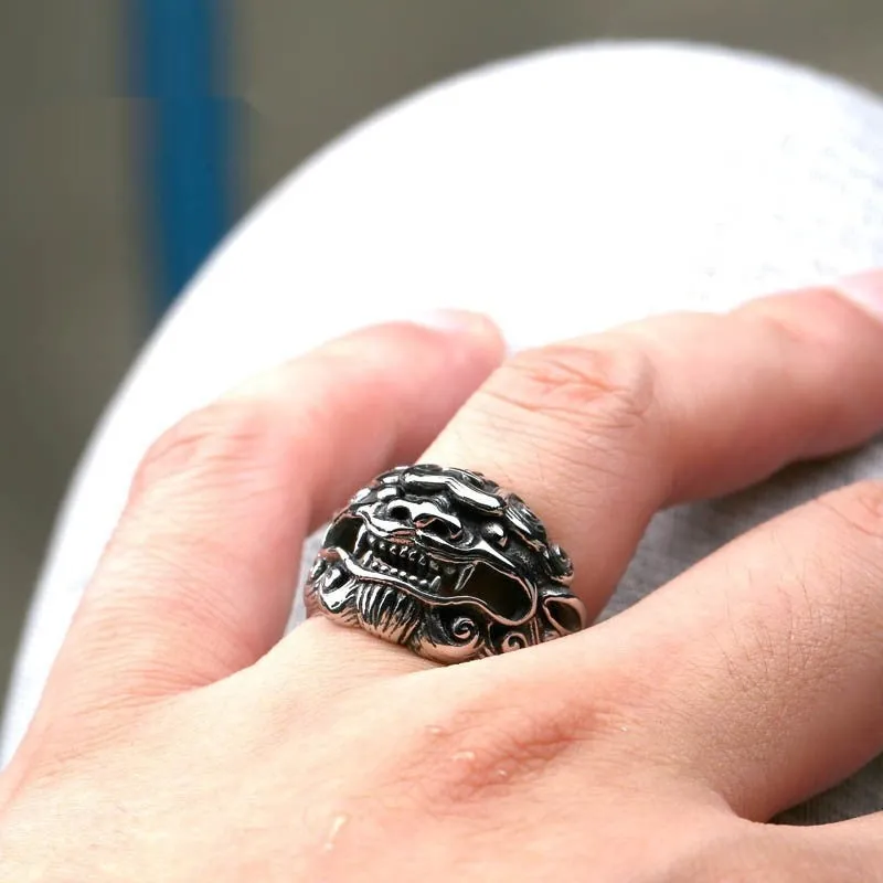 Men's titanium steel ring with vintage kirin design, polished silver finish, wide 23.5mm band
