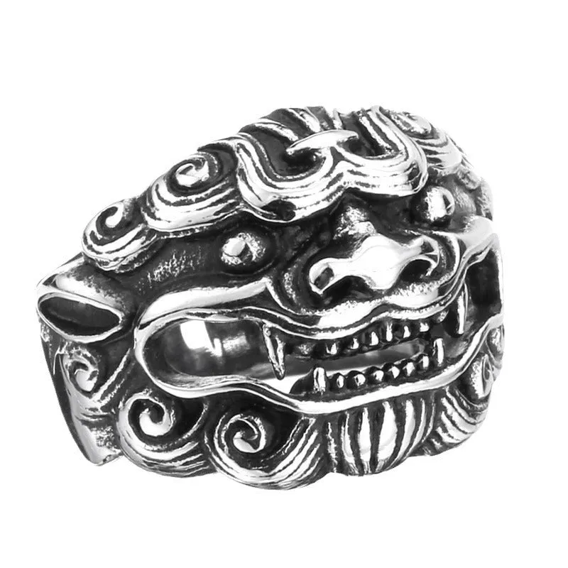 Men's titanium steel ring with vintage kirin design, polished silver finish, wide 23.5mm band