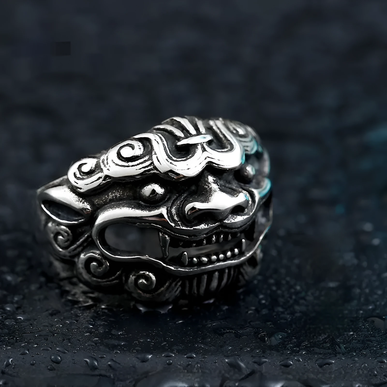 Men's titanium steel ring with vintage kirin design, polished silver finish, wide 23.5mm band