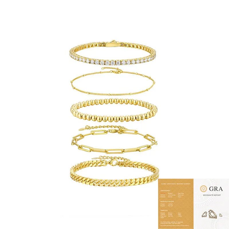Five stacked S925 silver gold bracelets with round moissanite stones in geometric mosaic design on white background