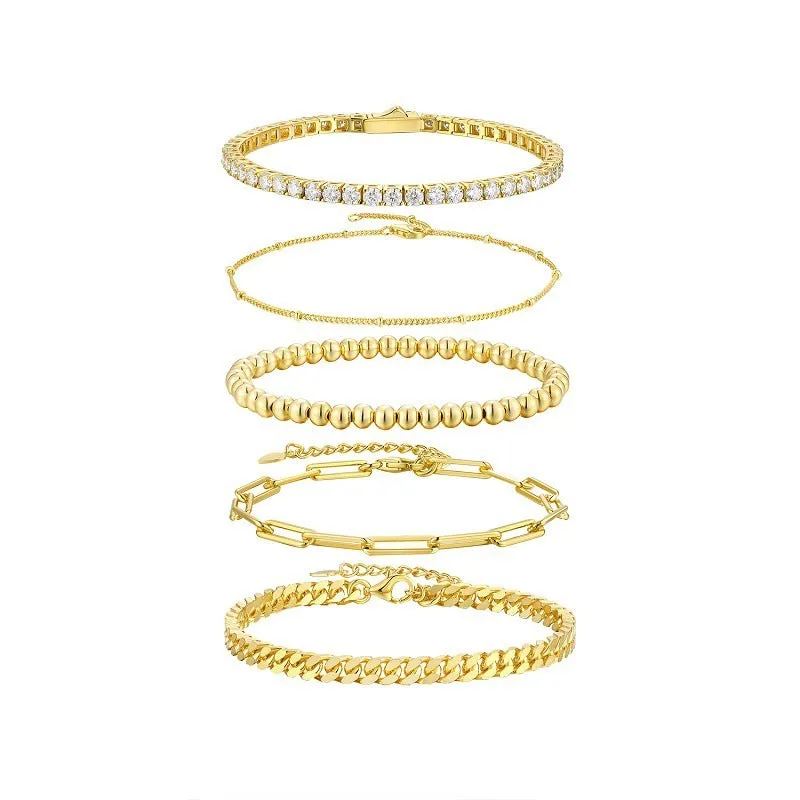 Five stacked S925 silver gold bracelets with round moissanite stones in geometric mosaic design on white background