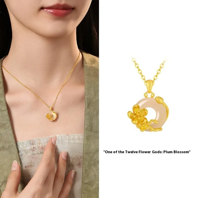 Copper flower pendant with white chalcedony, safety buckle clasp, birth month floral pendant necklace