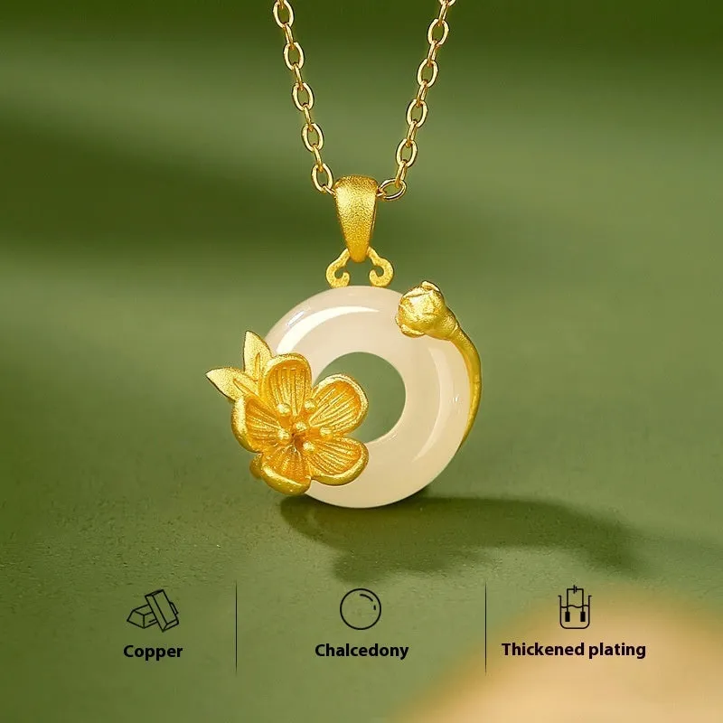 Copper flower pendant with white chalcedony, safety buckle clasp, birth month floral pendant necklace