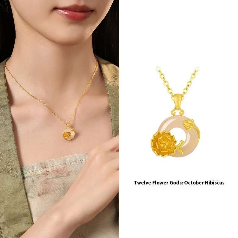 Copper flower pendant with white chalcedony, safety buckle clasp, birth month floral pendant necklace