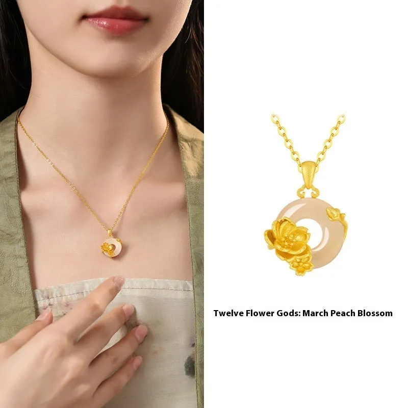 Copper flower pendant with white chalcedony, safety buckle clasp, birth month floral pendant necklace
