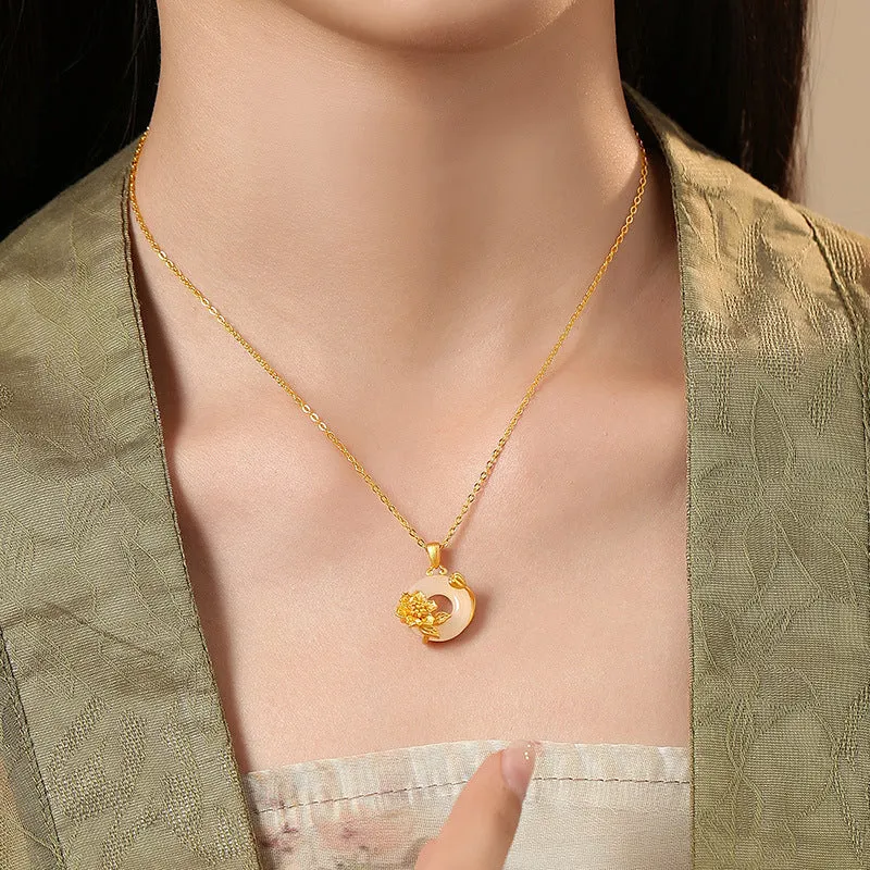 Copper flower pendant with white chalcedony, safety buckle clasp, birth month floral pendant necklace
