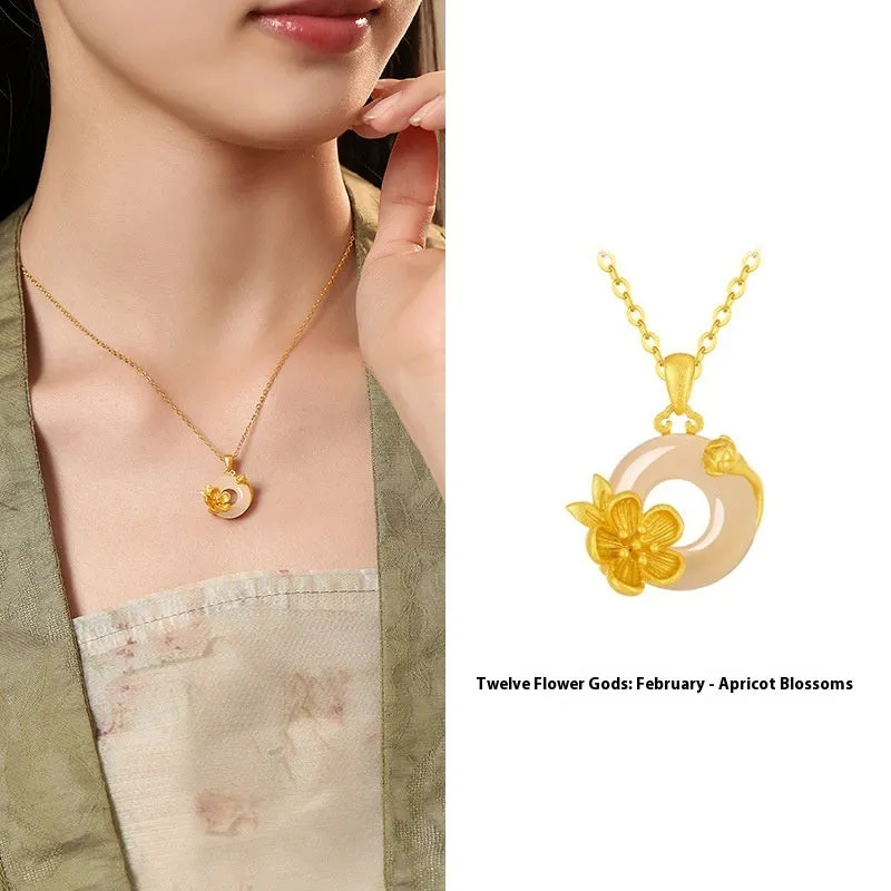 Copper flower pendant with white chalcedony, safety buckle clasp, birth month floral pendant necklace