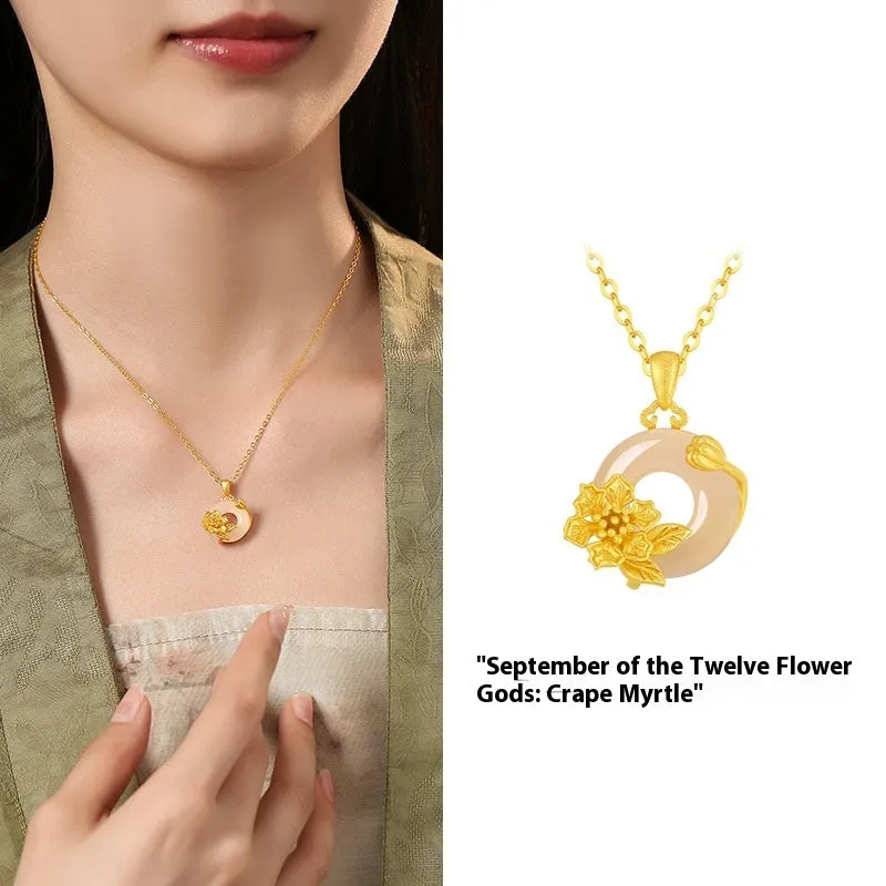 Copper flower pendant with white chalcedony, safety buckle clasp, birth month floral pendant necklace