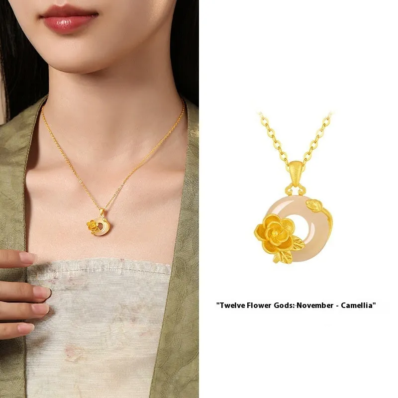 Copper flower pendant with white chalcedony, safety buckle clasp, birth month floral pendant necklace
