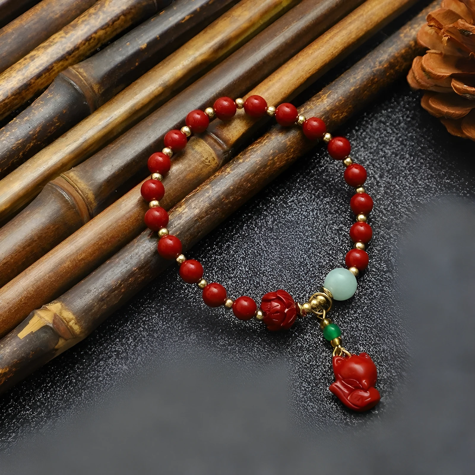 Handmade cinnabar fox pendant bracelet with peace buckle and auspicious cloud motifs