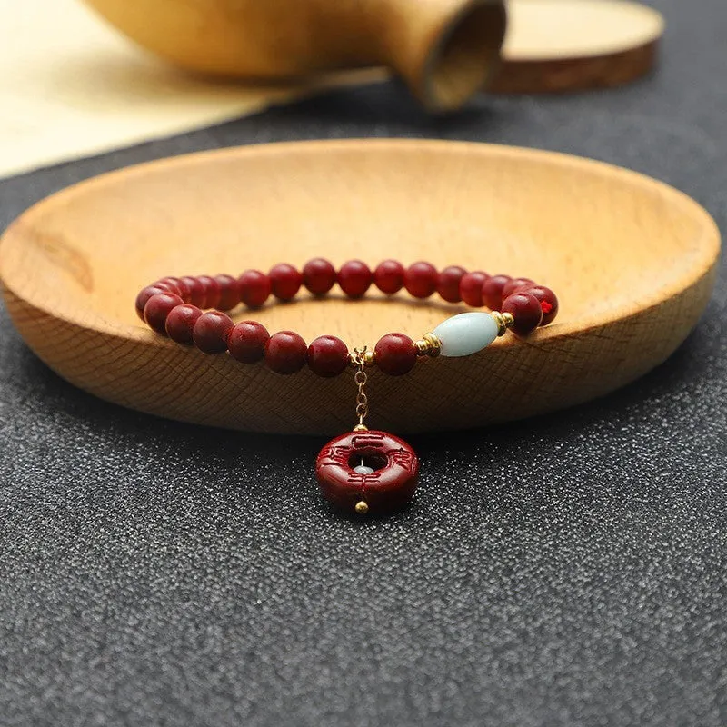 Handmade cinnabar fox pendant bracelet with peace buckle and auspicious cloud motifs