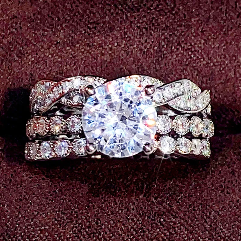 Three ring set copper zircon geometric design Q147 white gold colour for women sizes No.6-10