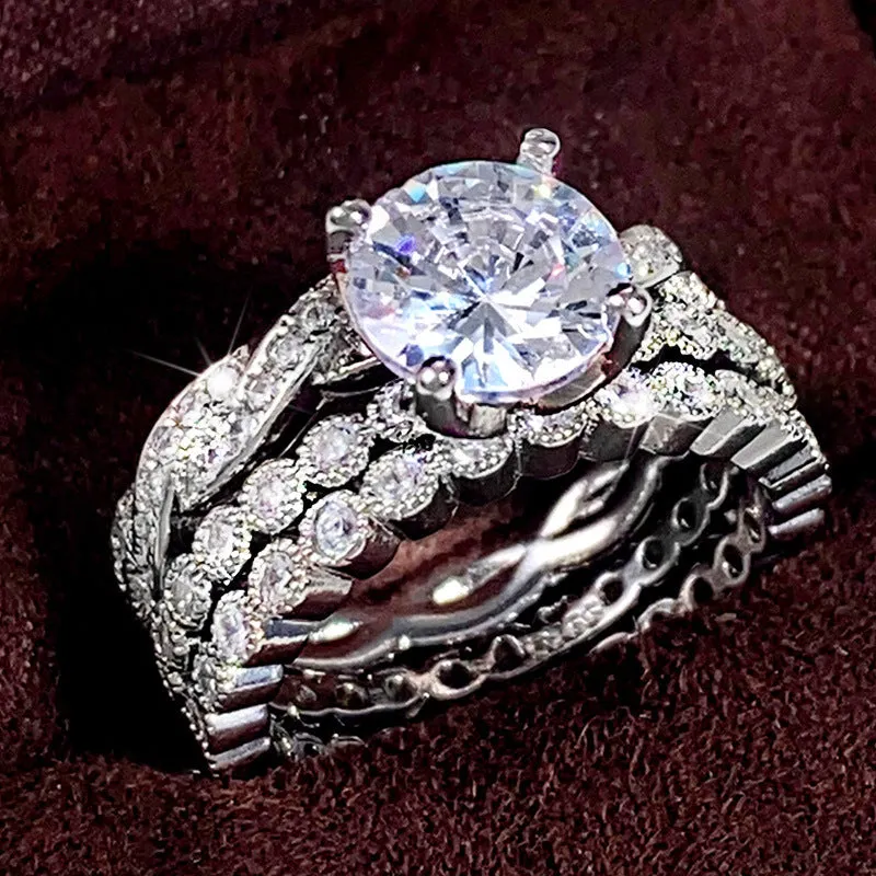 Three ring set copper zircon geometric design Q147 white gold colour for women sizes No.6-10