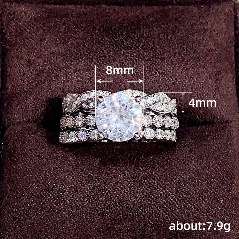 Three ring set copper zircon geometric design Q147 white gold colour for women sizes No.6-10