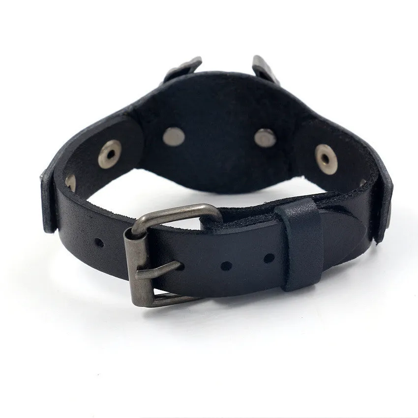 Black leather bracelet with a geometric alloy eagle watch-buttom centrepiece.
