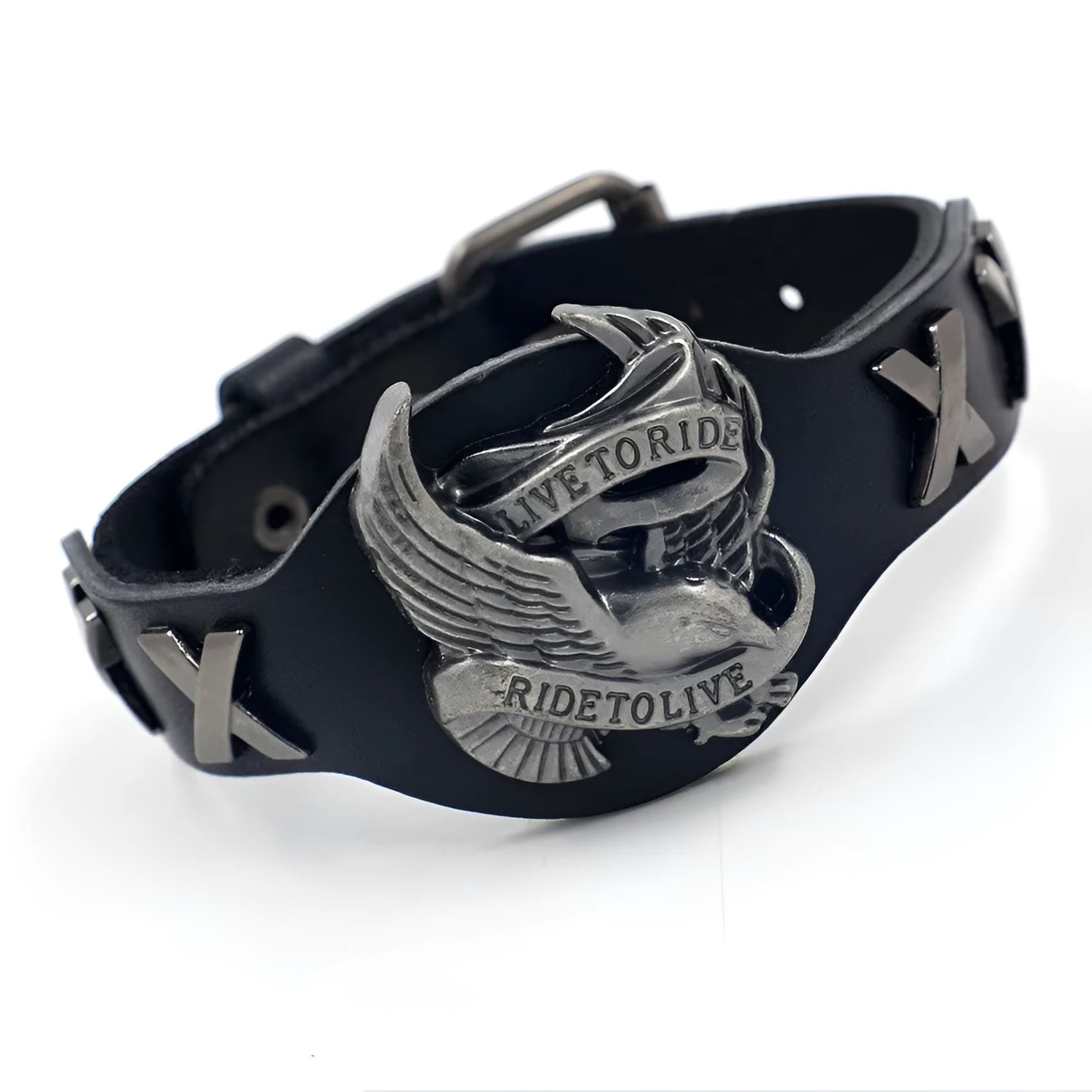 Black leather bracelet with a geometric alloy eagle watch-buttom centrepiece.