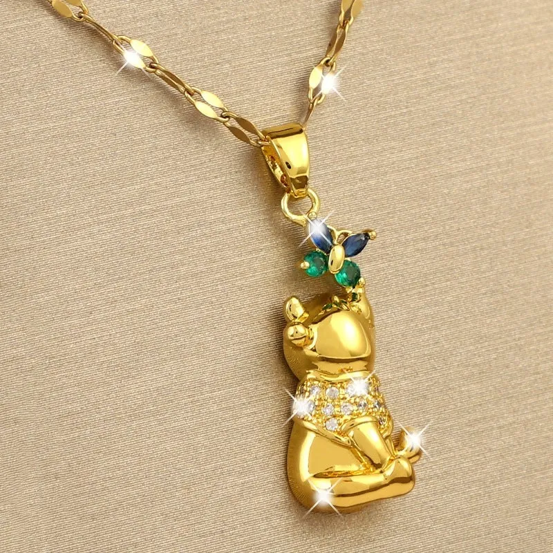 Gold electroplated copper necklace with micro inlaid zircon bear and butterfly, heart pendant, lip chain 41-50cm